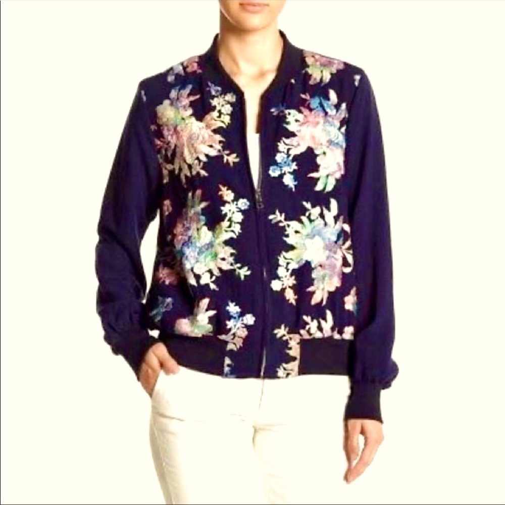 Karen Kane Blue Floral Embroidered Bomber Jacket women’s size L